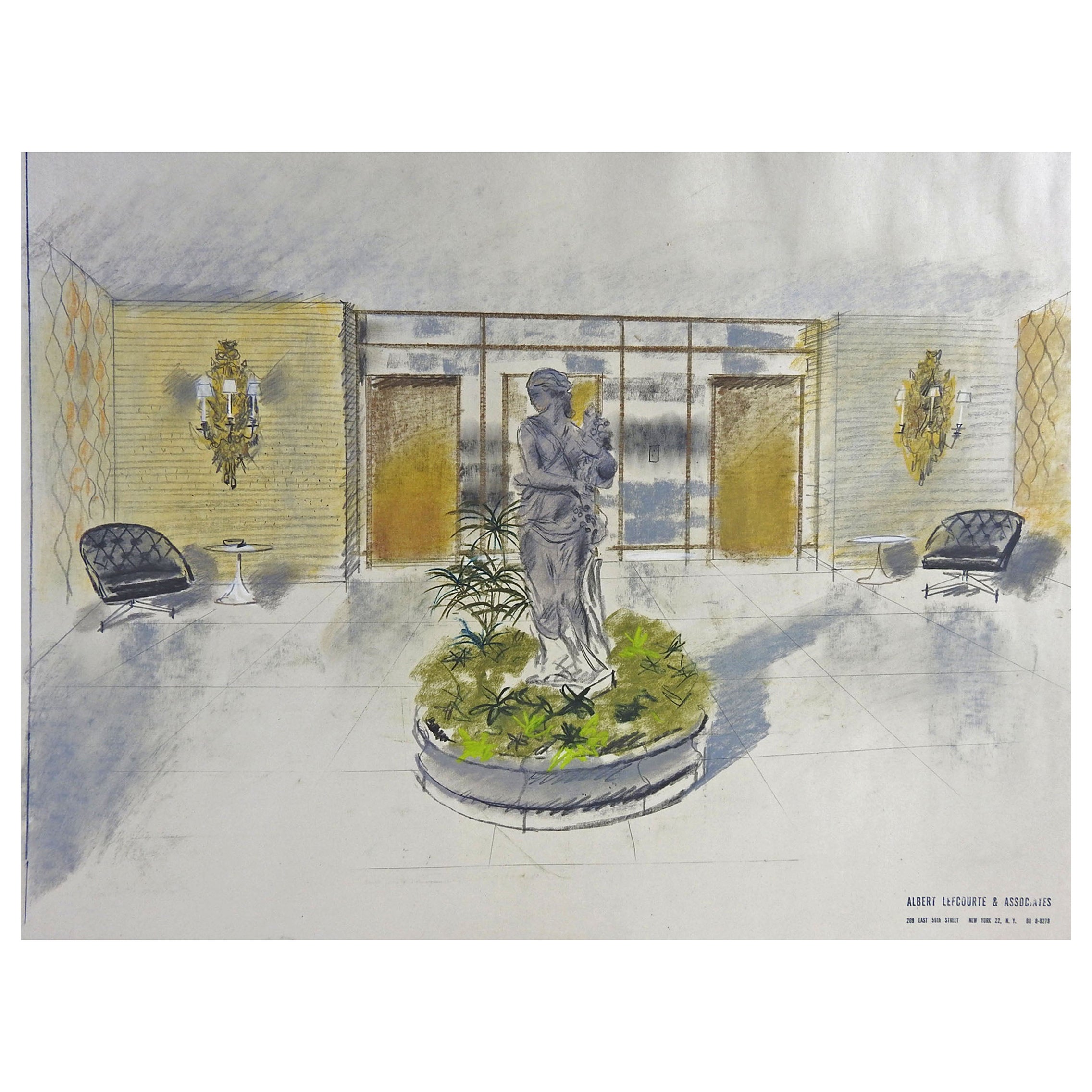 1950s Hollywood Regency Courtyard Architectural Painting For Sale