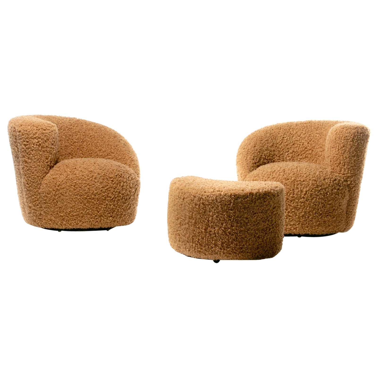 Pair of Vladimir Kagan Nautilus Swivel Lounge Chairs and Ottoman in Curly Camel