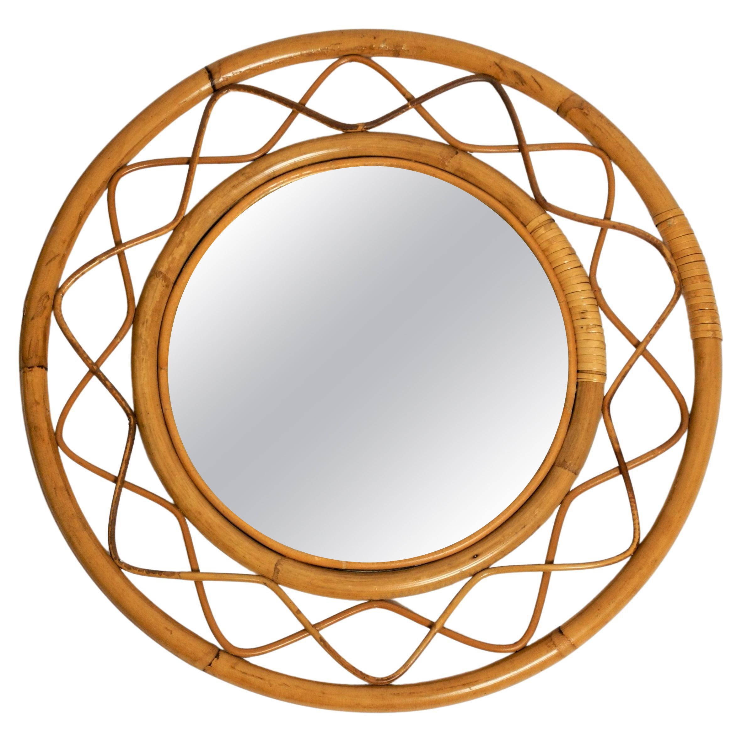 Round Mid-Century Bamboo Rattan Mirror, Italy, 1970s