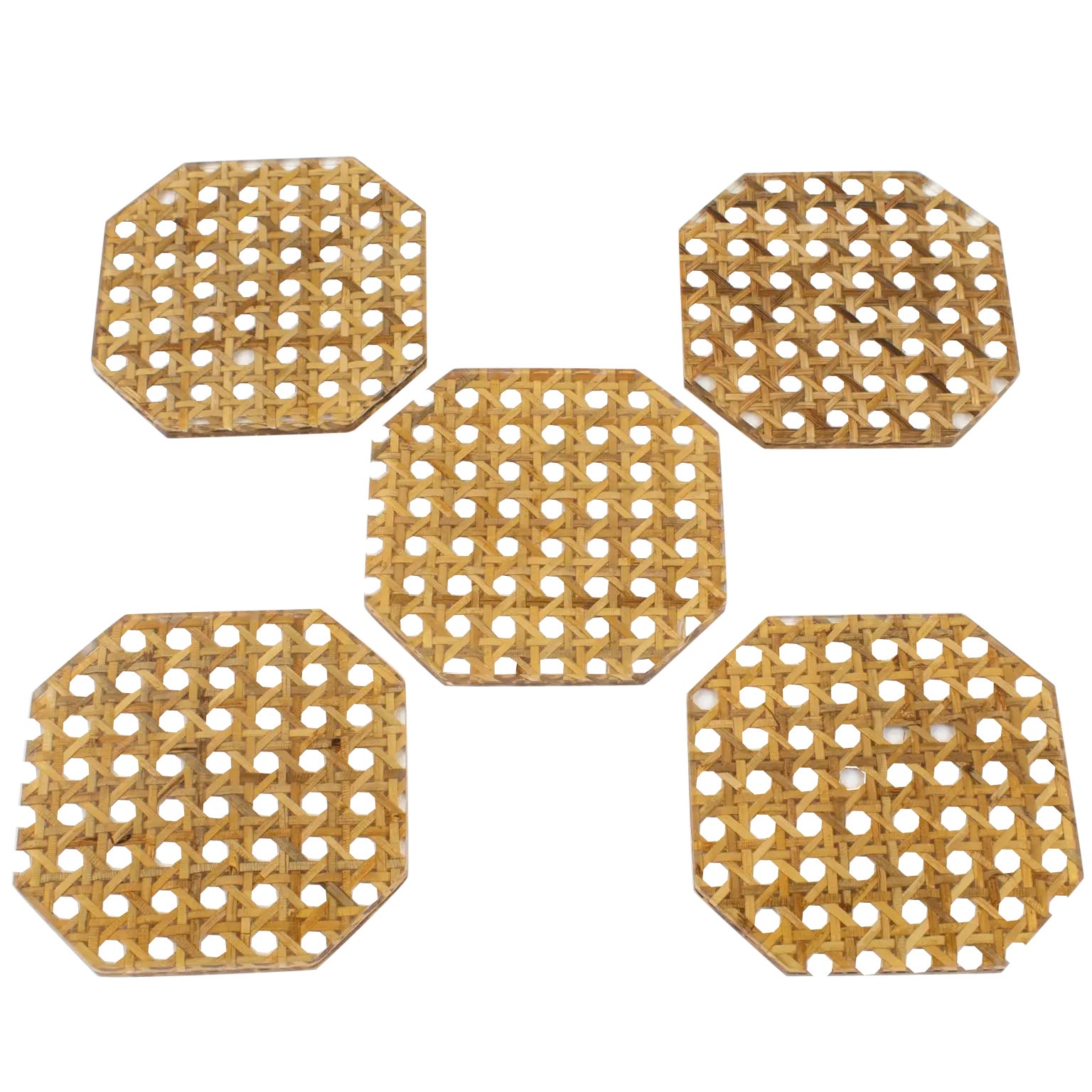 Christian Dior Lucite and Rattan Barware Coasters, set of 5 pieces For Sale