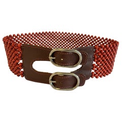 Wide Vintage Cinnabar Colored Beaded Lanvin Paris Belt with Leather Buckle Mount