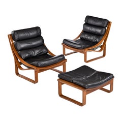 Vintage 1970s Fred Lowen for Tessa Black Leather & Teak T4 Lounge Chairs and Ottoman