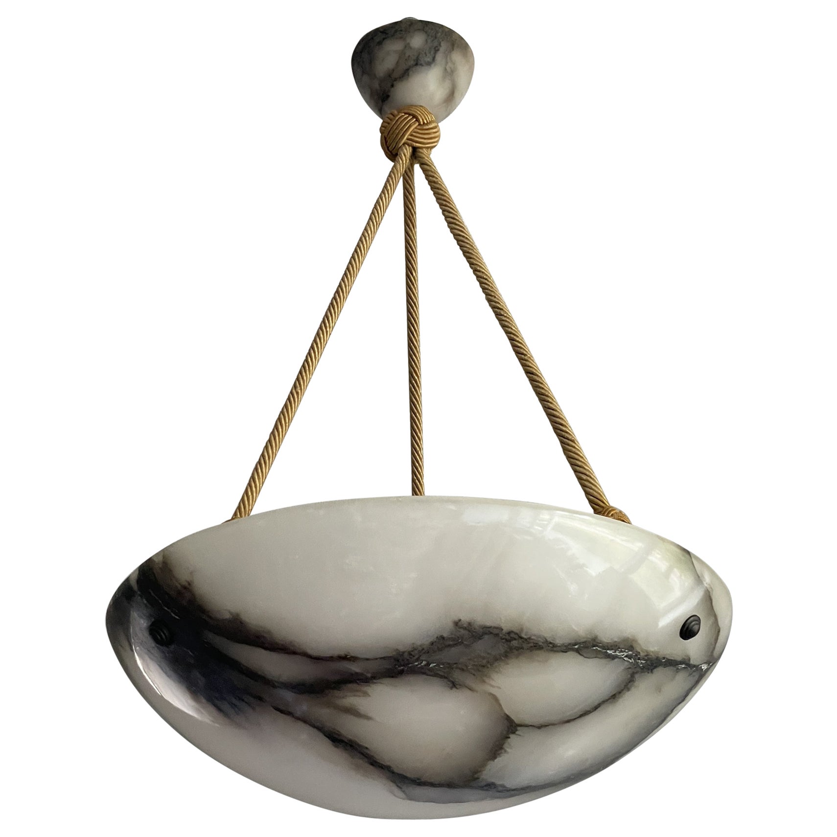 Antique & Timeless Alabaster Pendant w. Rope 'Chain' & Perfect Alabaster Canopy