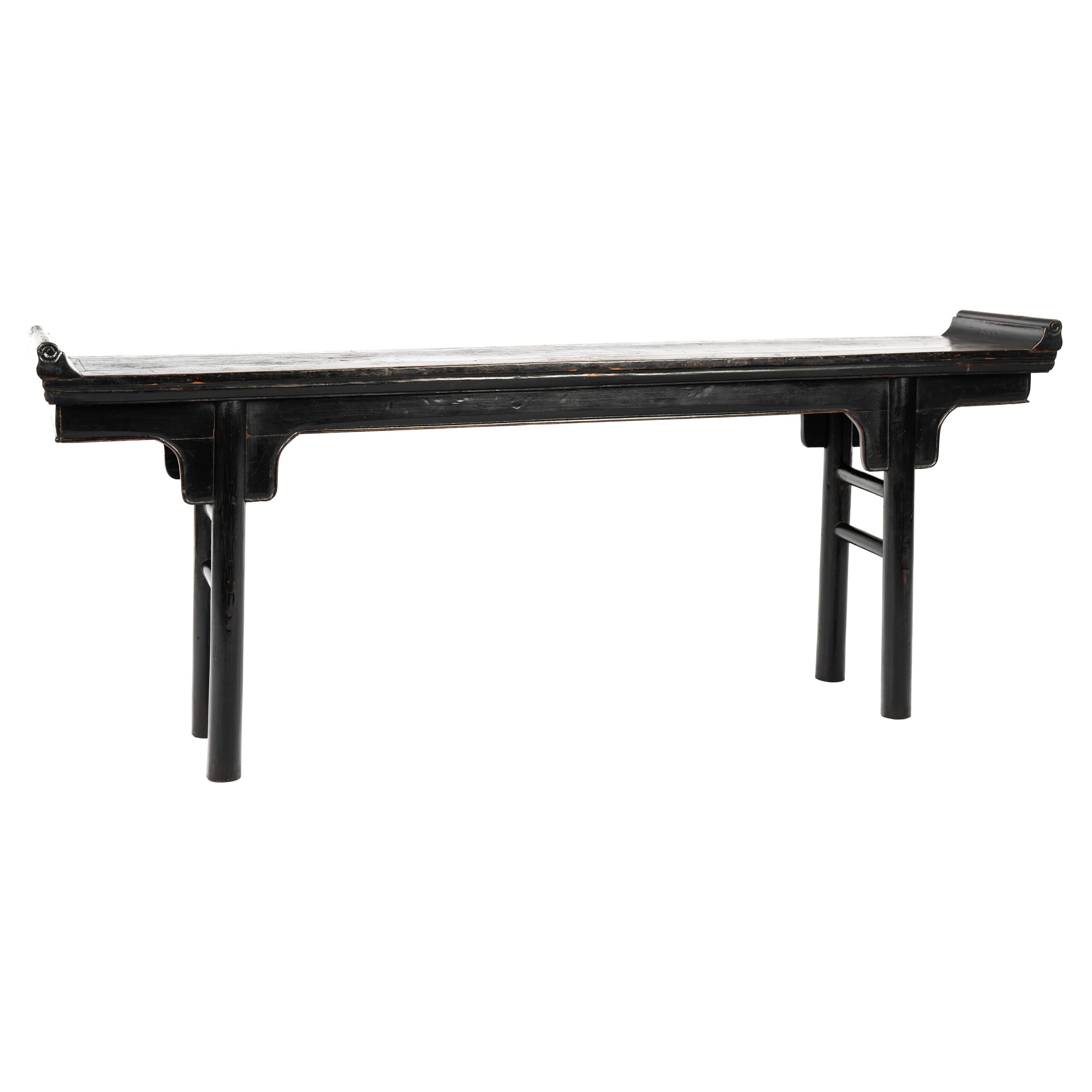 Antique Chinese Solid Carved Elm Blackened Altar Table from the 1920s For Sale