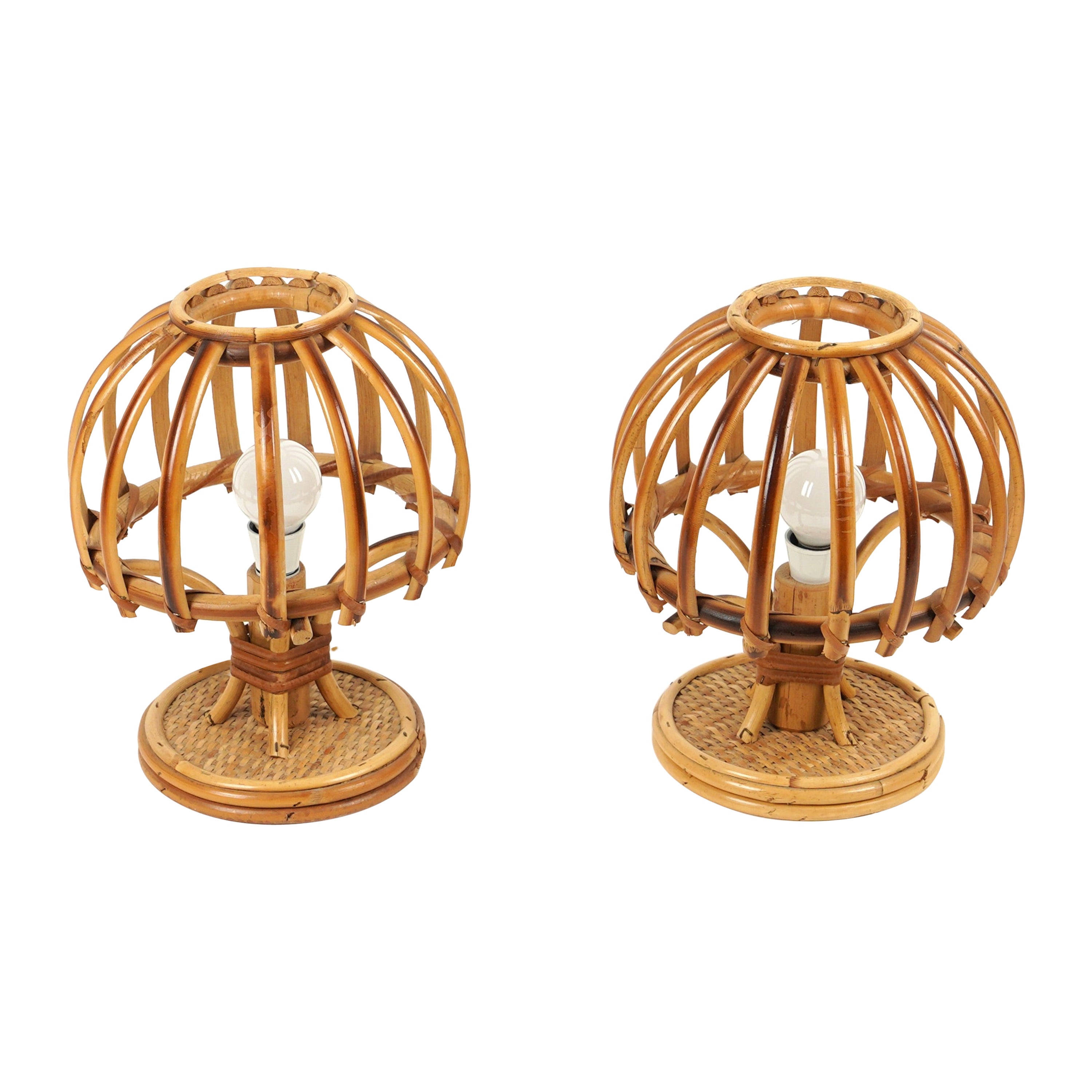 Midcentury Bamboo and Rattan Pair of Table Lamps Louis Sognot Style Italy, 1970s For Sale