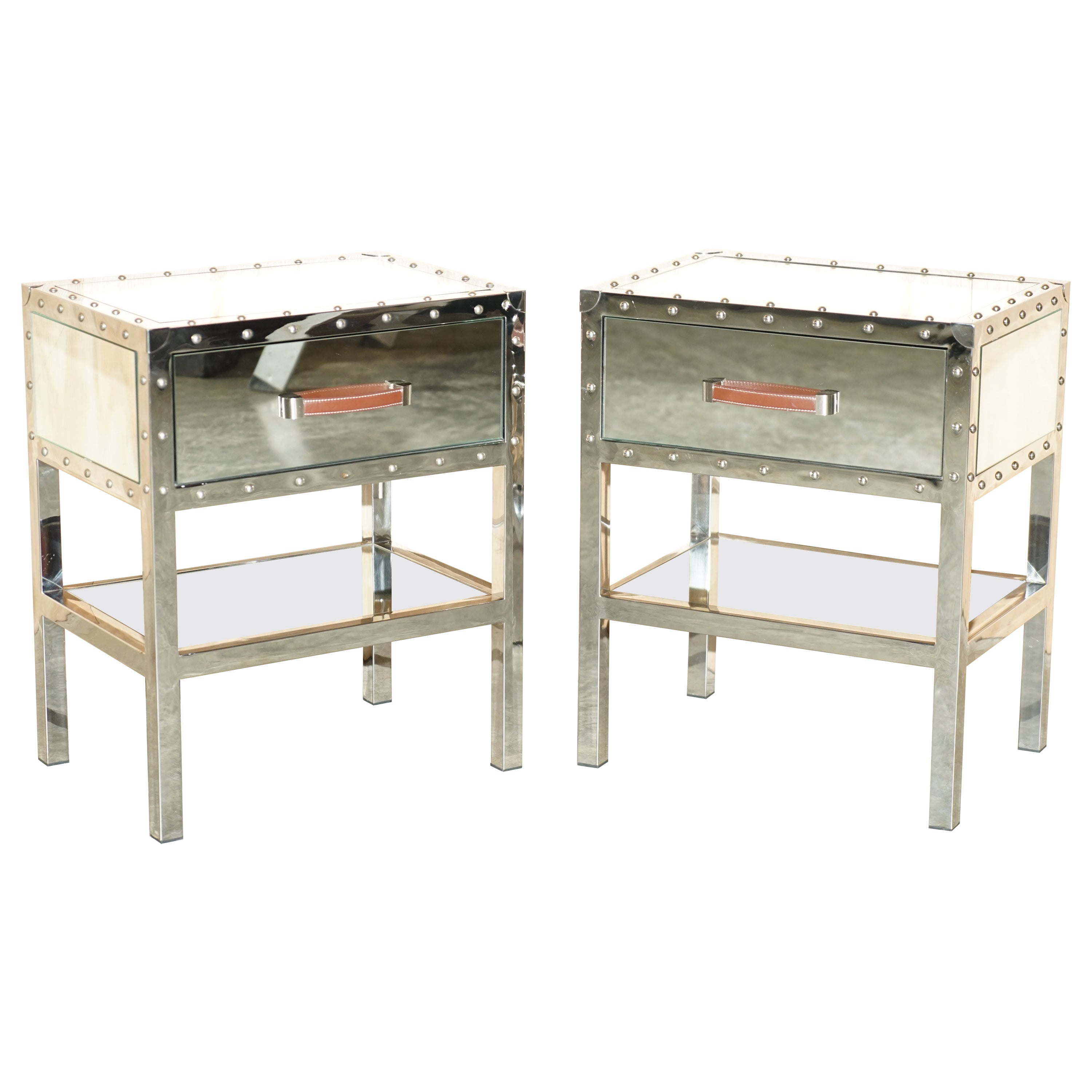 Set of 2 Contemporary Mirrored Nightstands with Champagne Moldings