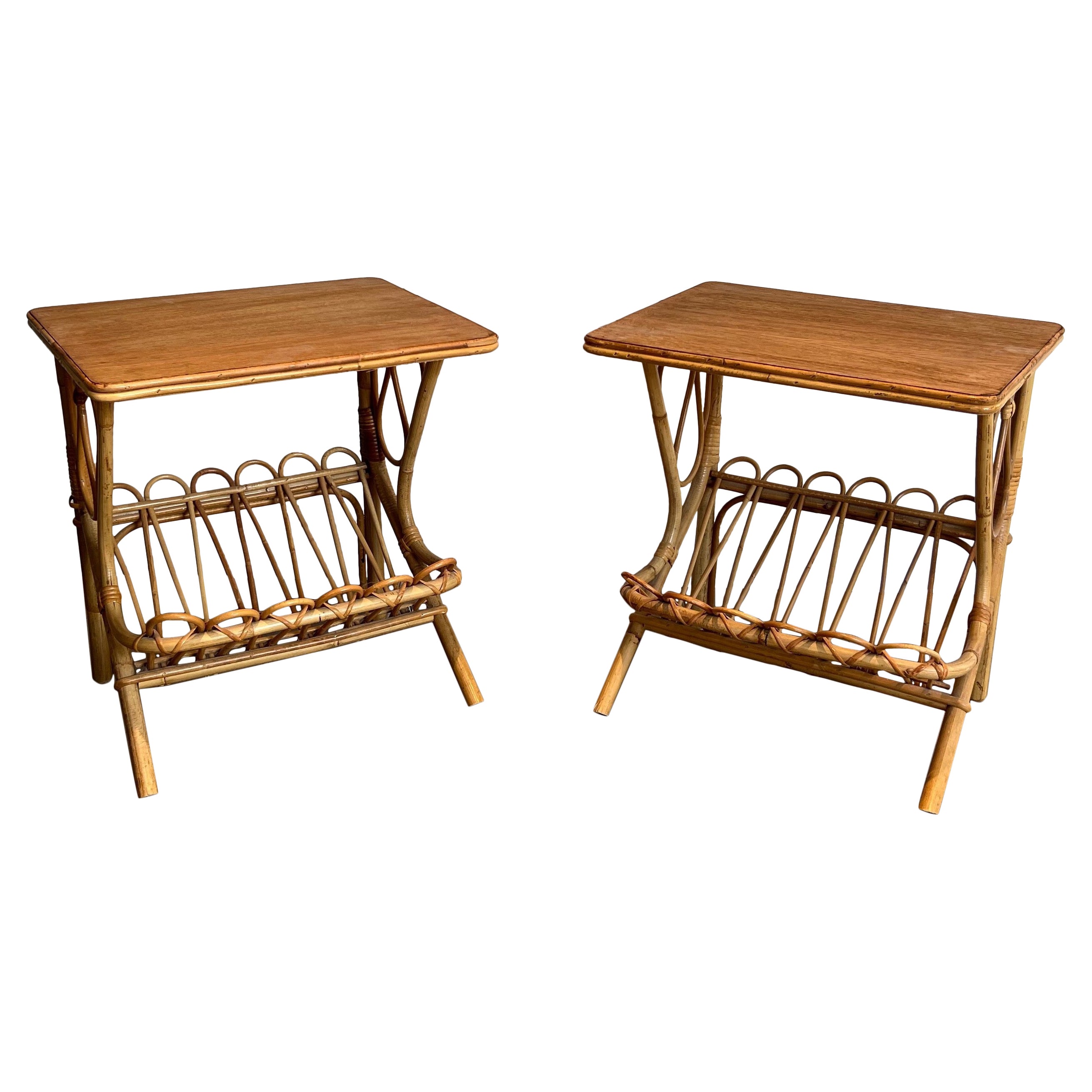 Pair of Rattan Side Tables Magazine Racks For Sale