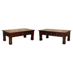 Pair of Vintage Oak Coffee Tables Chunky Solid Legs and Three Plank Wood Top