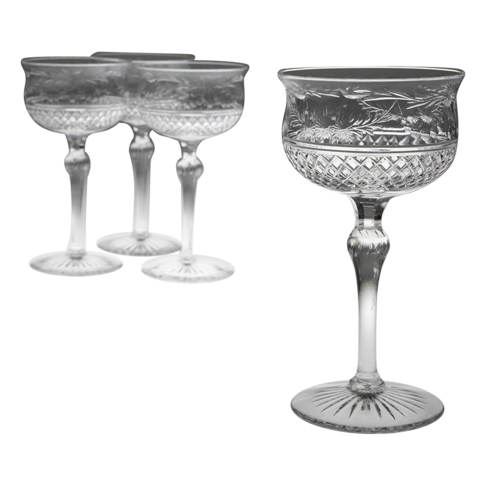 Set of 4 Engraved Lead Crystal Champagne Coupes, circa 1910 For Sale