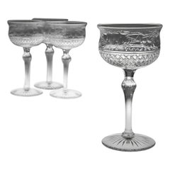 Vintage Set of 4 Engraved Lead Crystal Champagne Coupes, circa 1910