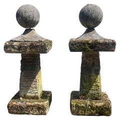 Vintage Pair of Reclaimed Weathered Composition Stone Ball Pier Caps 20th C