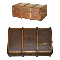 ANTIQUE ViCTORIAN LEATHER ELM & CANVAS STEAMER TRUNK CHEST COFFEE TABLE MUST SEE