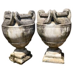 Vintage Pair of Reclaimed Weathered Composition Garden Urns, Mid-20th Century