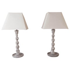 Pair of Antique Limed Oak Barley Twist Table Lamps