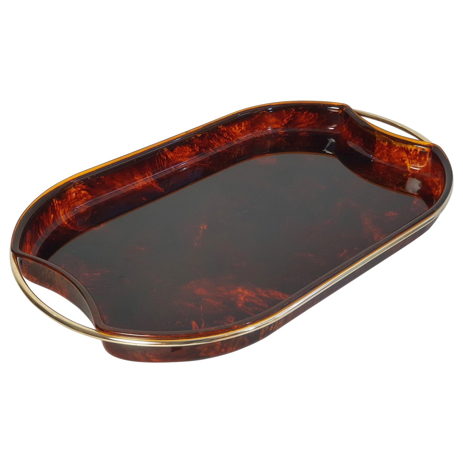 Vintage Serving Tray in Lucite Tortoise and Brass, Italy For Sale