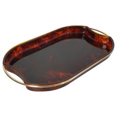 Vintage Serving Tray in Lucite Tortoise and Brass, Italy