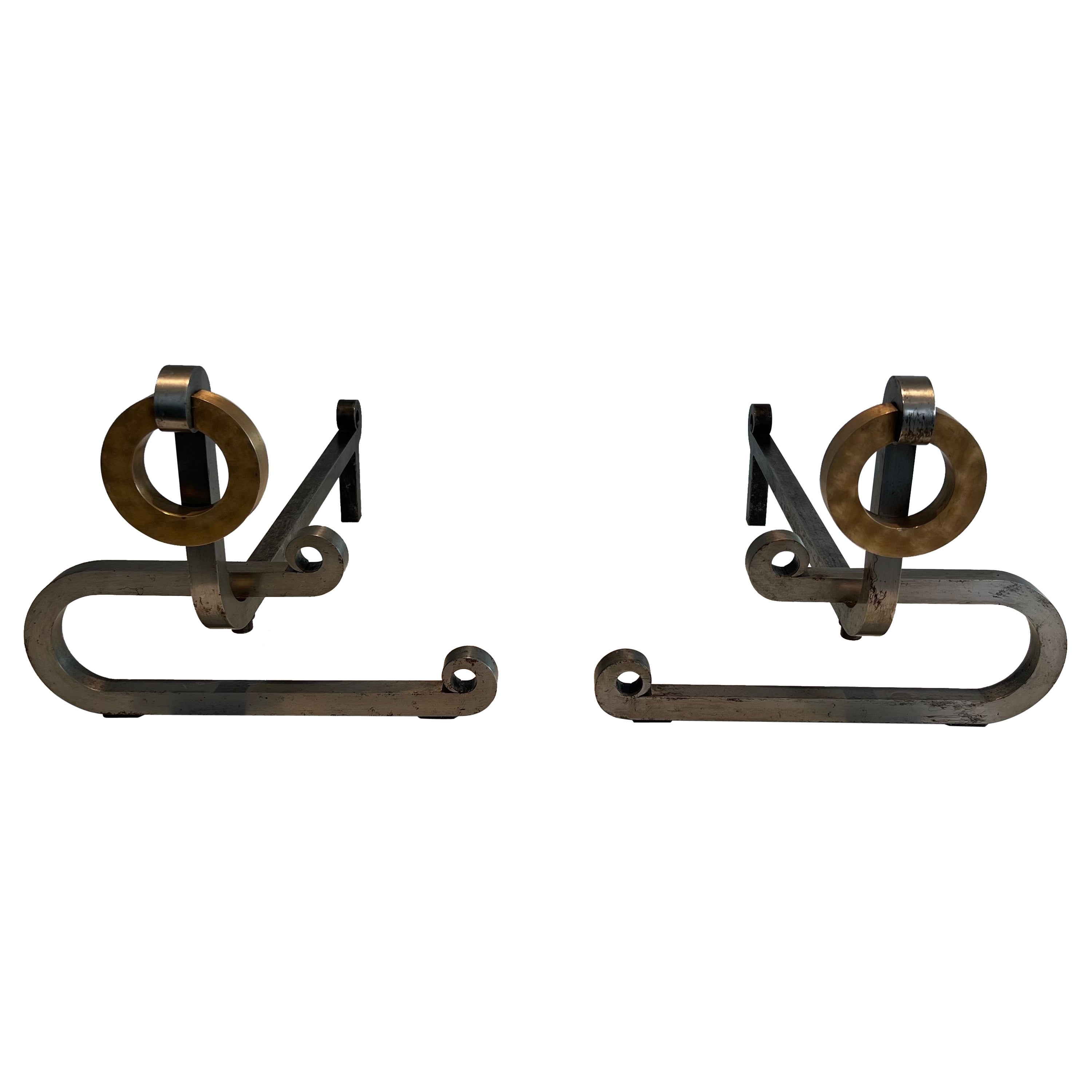 Pair of Modernist Brushed Steel, Brass and Iron Andirons