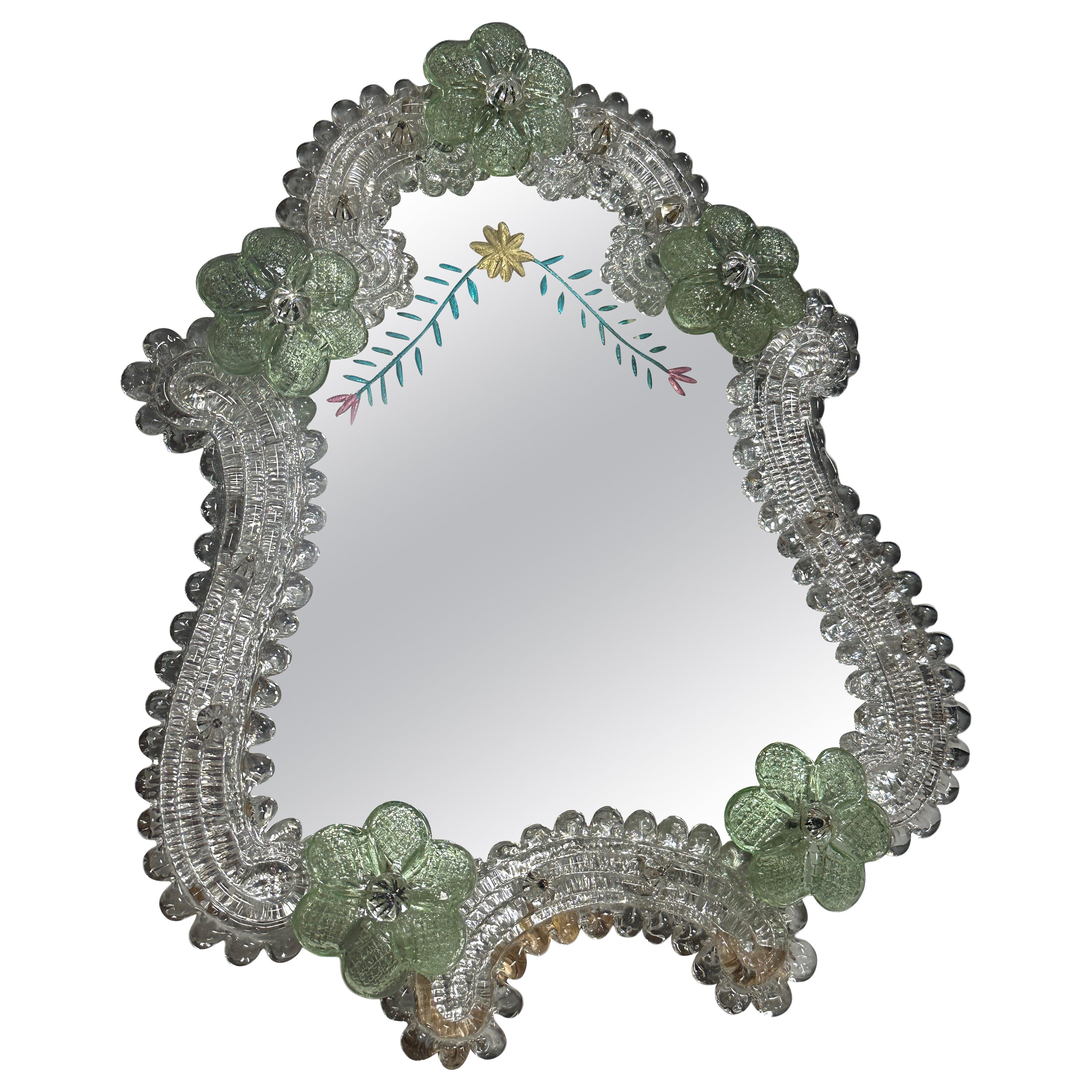 Murano Glass Mirror with Lime Green Flowers 1950s, Italy Venetian Venice For Sale
