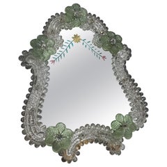 Antique Murano Glass Mirror with Lime Green Flowers 1950s, Italy Venetian Venice
