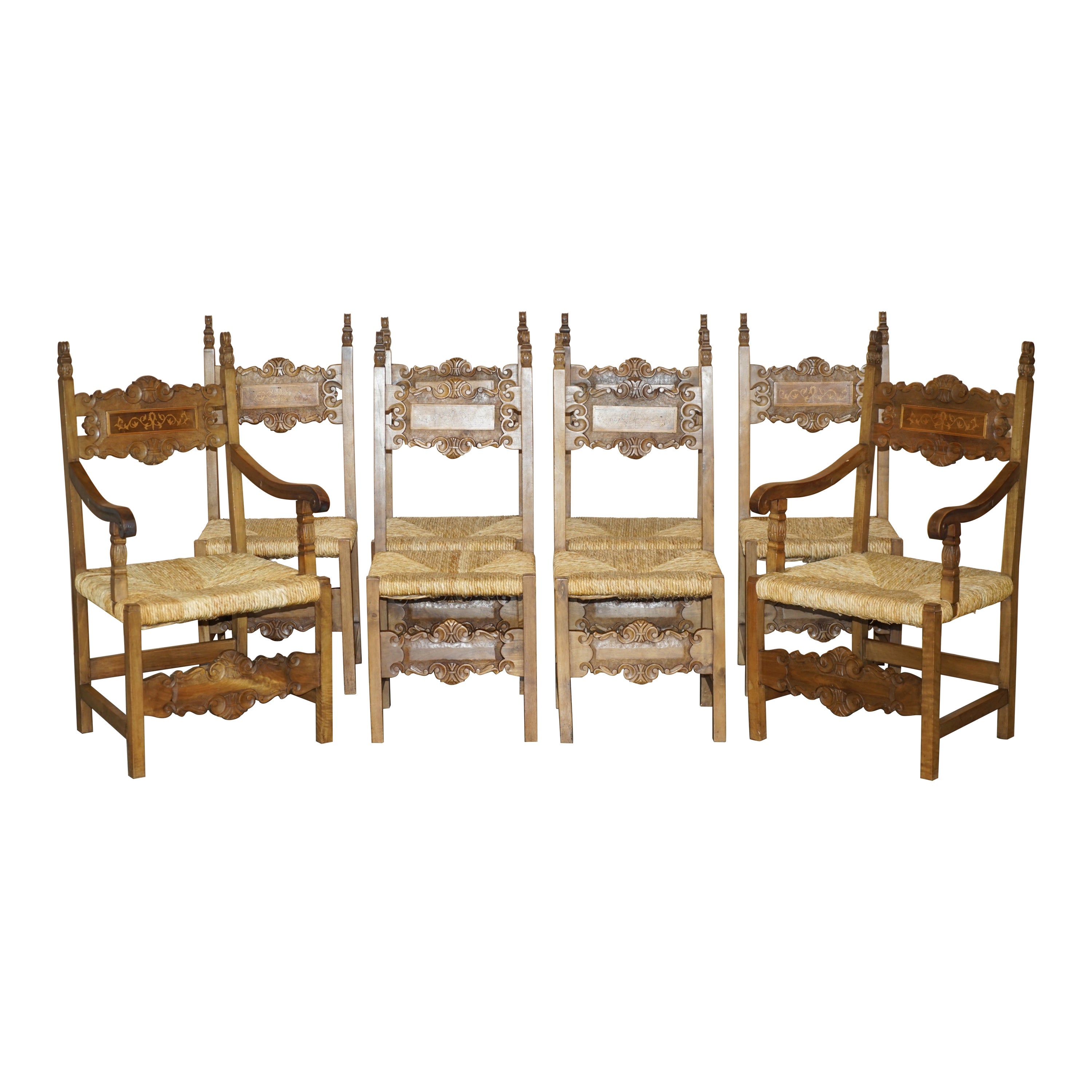 EIGHT FINE WALNUT CIRCA 1900 ORNATELY HAND CARved DUTCH RUSH SEAT DINING CHAIRs im Angebot