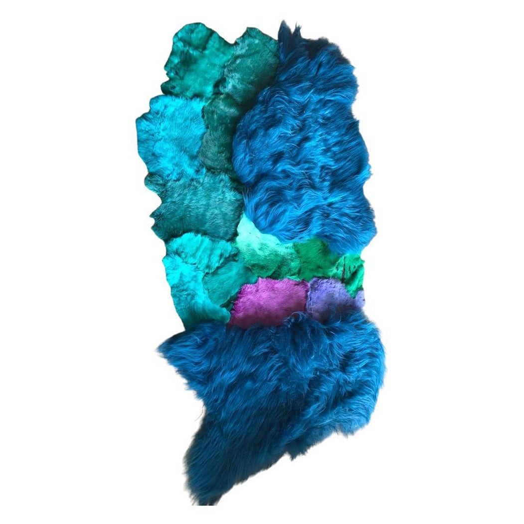 Unique Organic Shape Hand-Dyed Blue European Sheepskin Small Rug by Carine Boxy