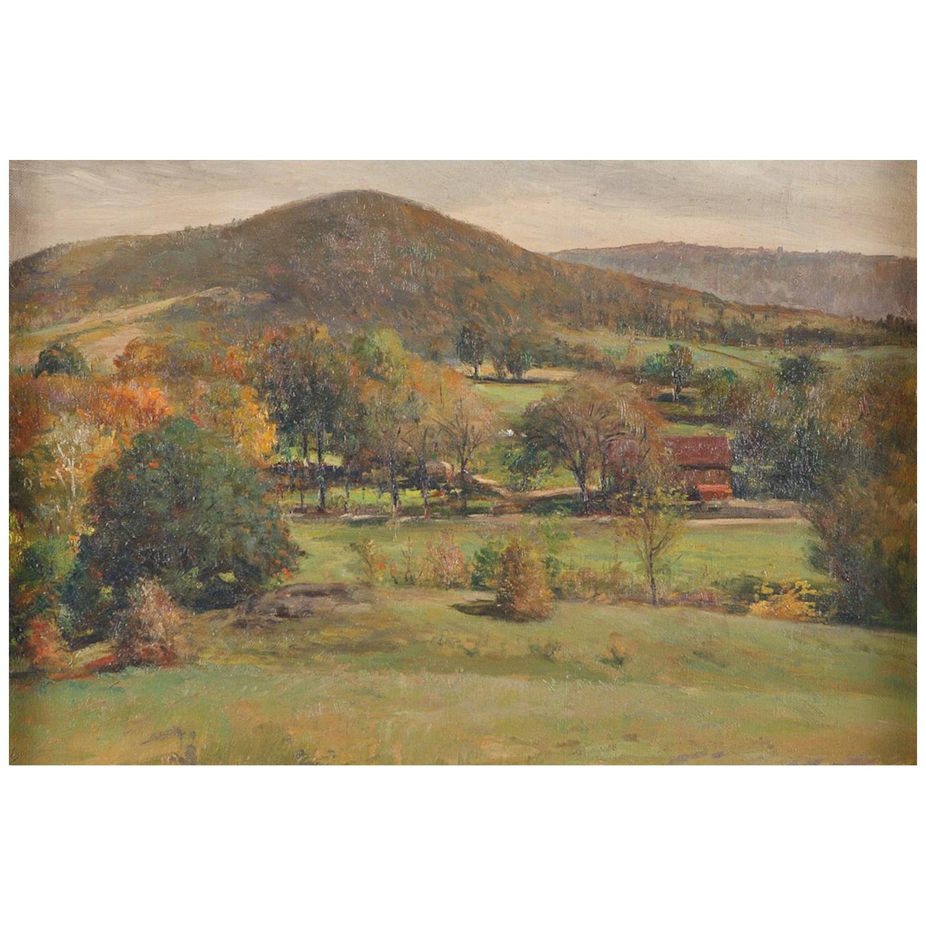 Autumn landscape with hills in the background and a red barn in a field, studded by trees, in the foreground. Signed on bottom right (hard to read). Oil on canvas, with distressed, original carved and painted wood frame.

Measurements: 25