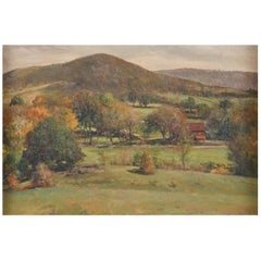19th Century Oil Painting of Autumn Landscape with Hills and Red Barn