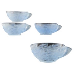 Set of 4 Rene Lalique Blue Stained Ormeaux Pattern Tasse a Glace, Designed 1931