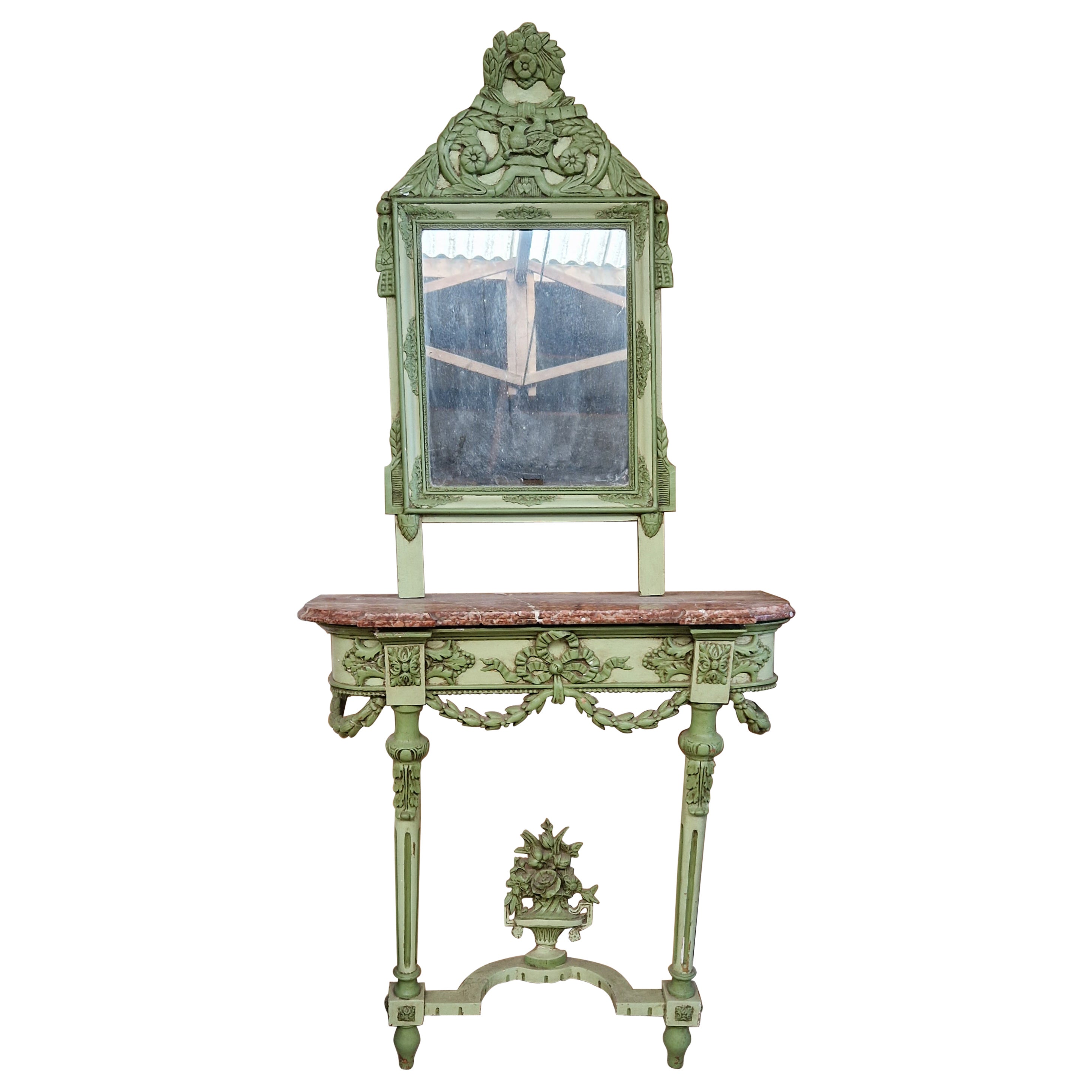 19th Century Console Table and Mirror French Green Louis XVI For Sale