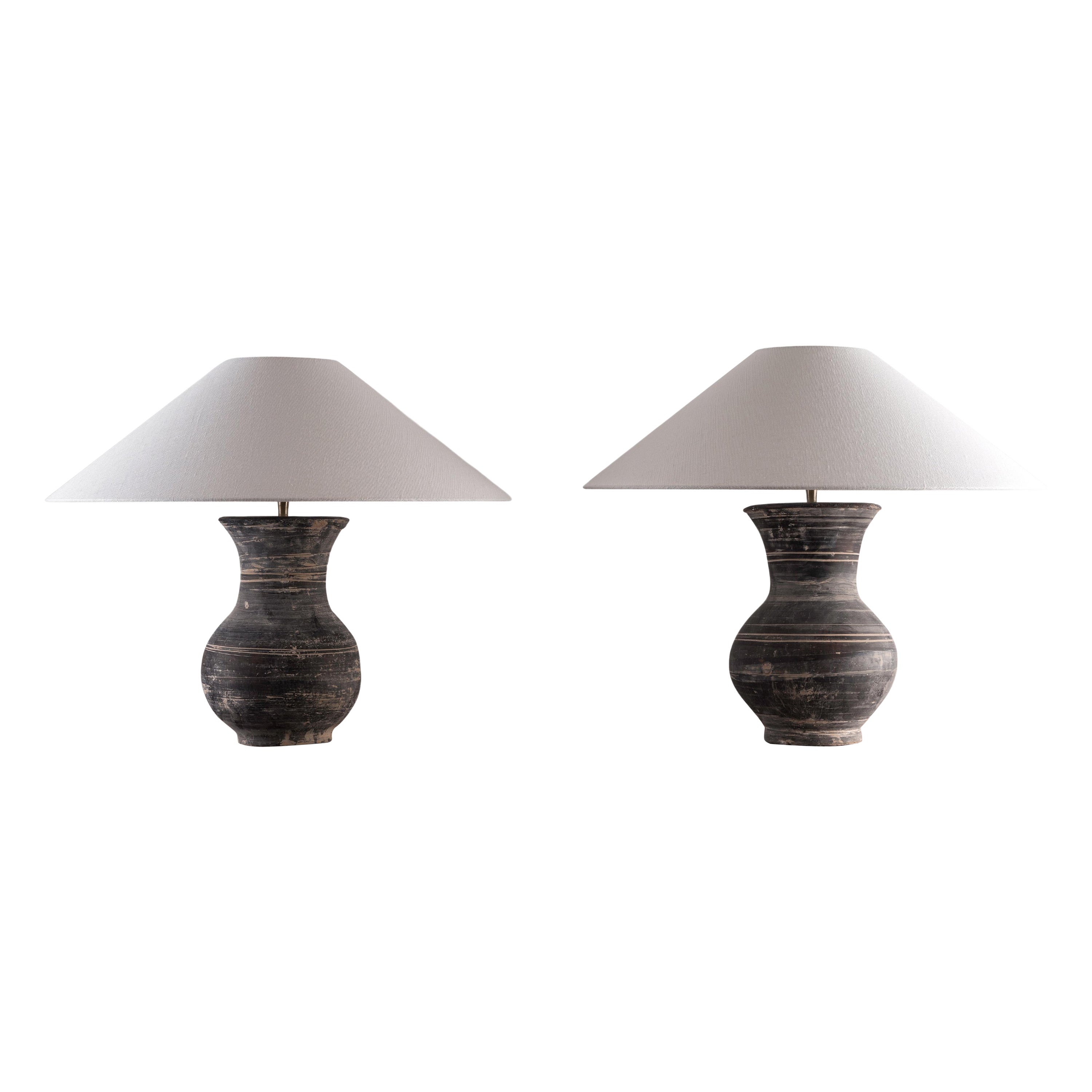 Pair of Han Style Lamp with Handmade Belgian Linen Shades For Sale