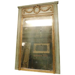 Antique Green and Gilded Lacquered Mirror, Carved Friezes, 19th Century Italy