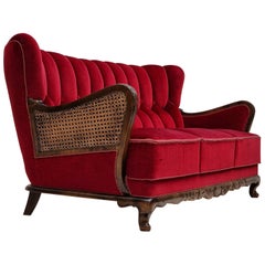 1950s Danish Design, 3 Seater Sofa in Original Cherry-Red Velour