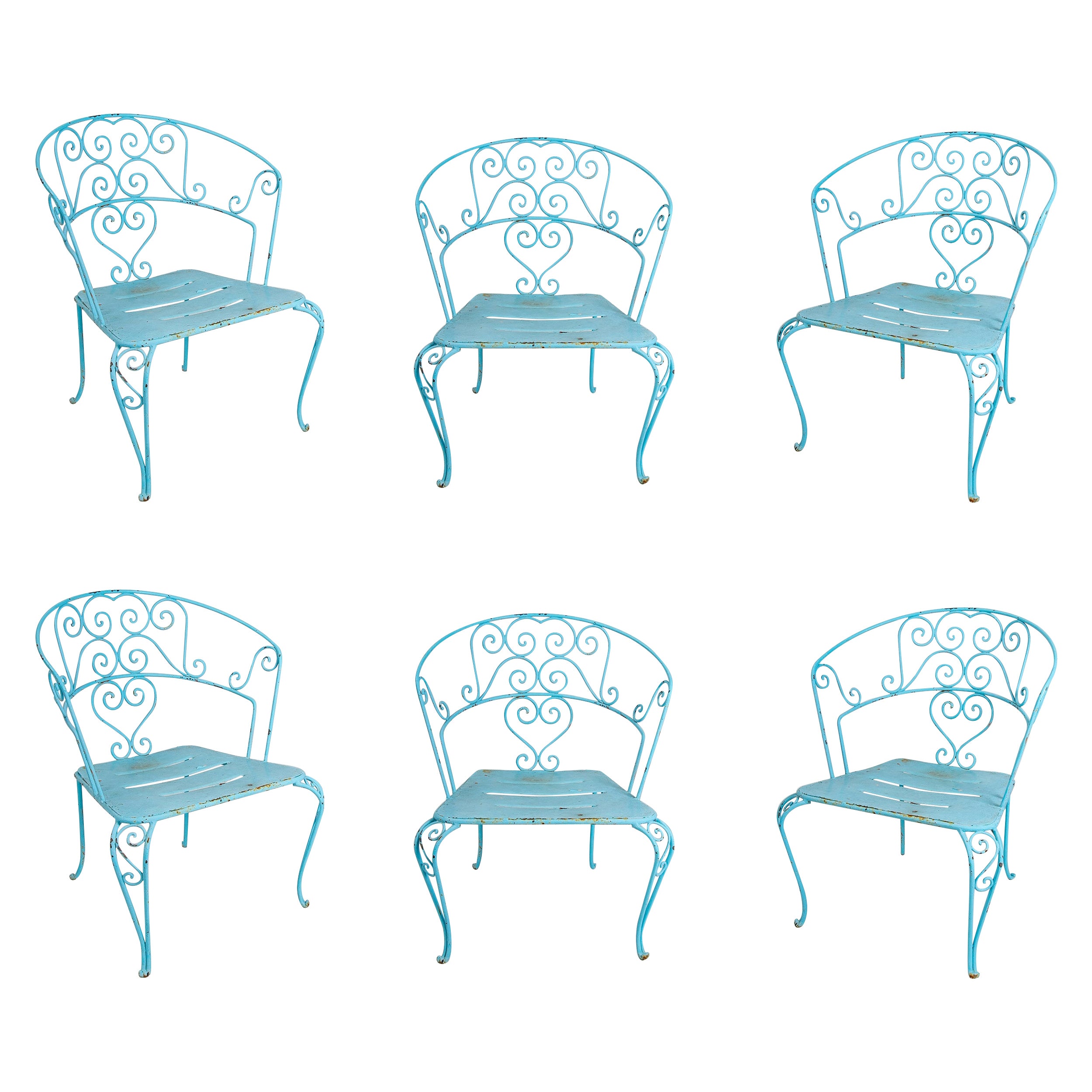 1950s Set of Six Iron Chairs Painted in Blue For Sale