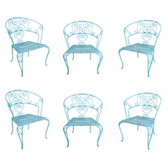 Ensemble de six chaises en fer peintes en bleu, années 1950