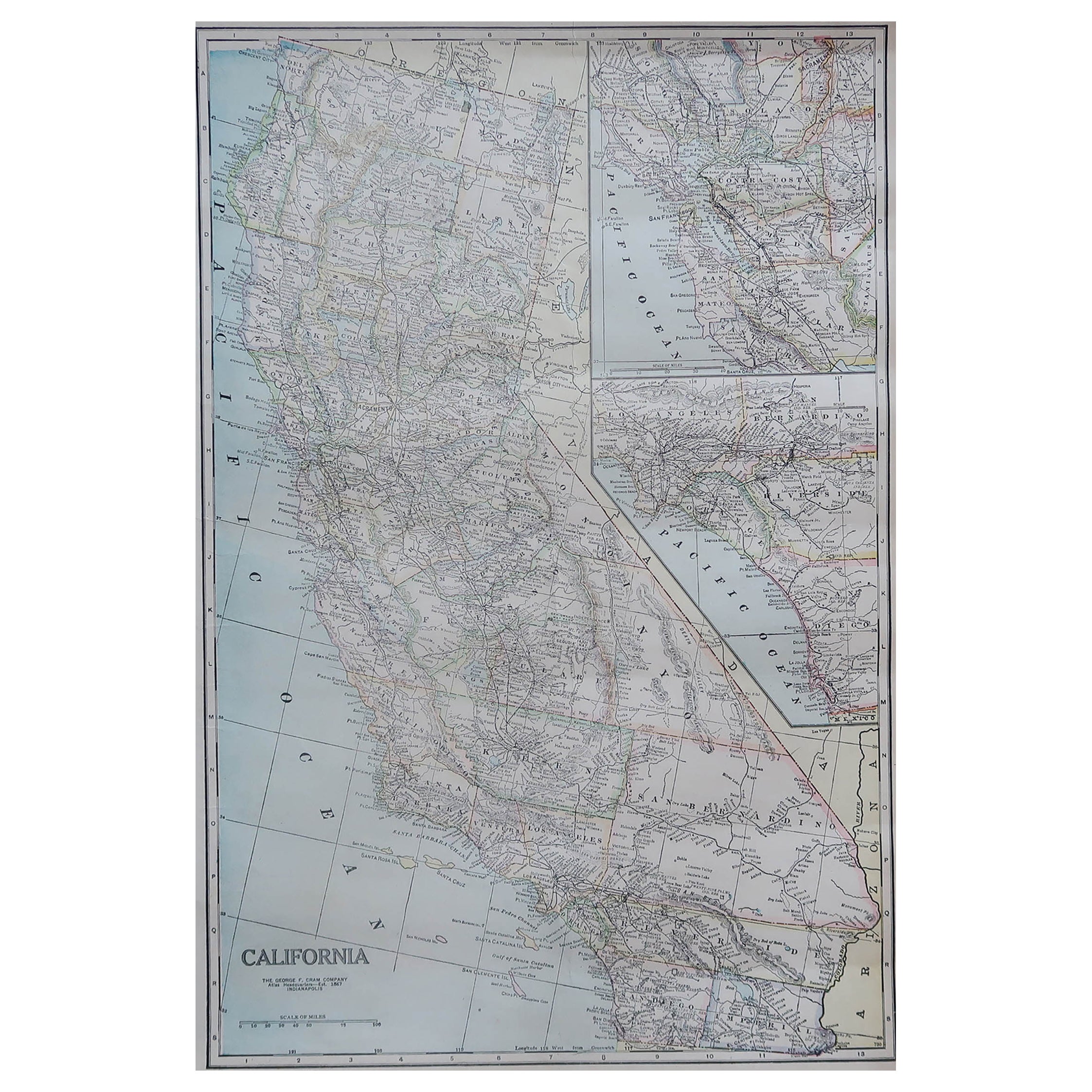 Grande carte ancienne de la Californie, USA, circa 1900