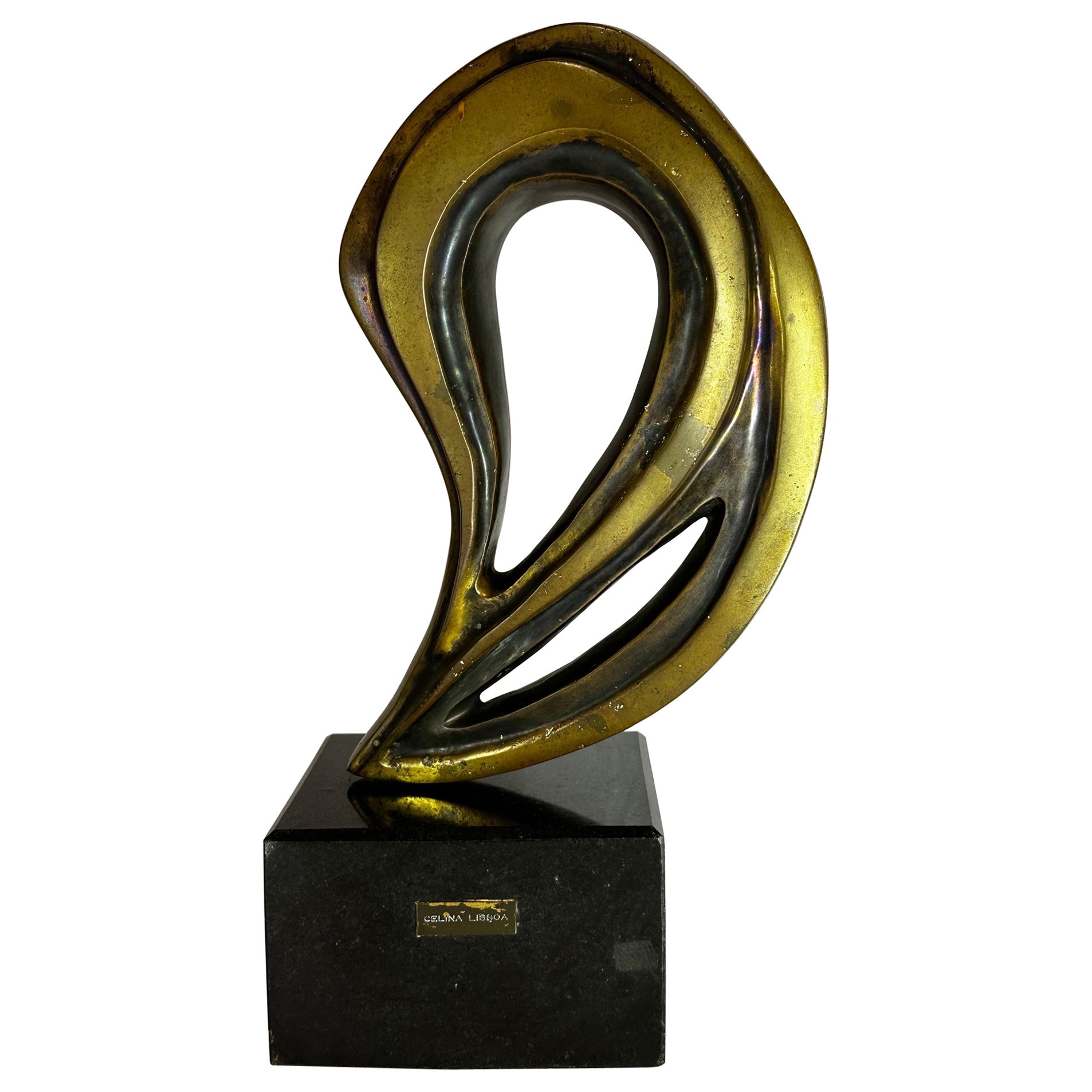 Celina Lisboa Brazilian Modern Bronze Abstract Sculpture on Granite Base, 1980s