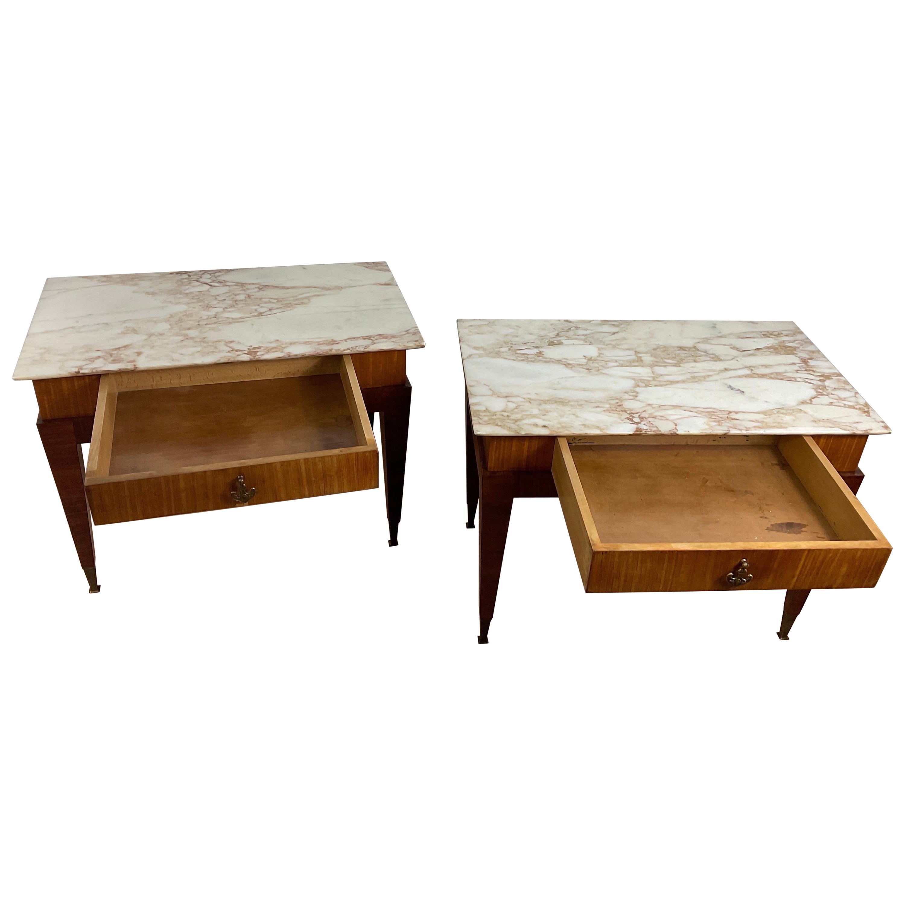 Ensemble de deux tables de chevet avec tiroir et plateau en marbre de Paolo Buffa