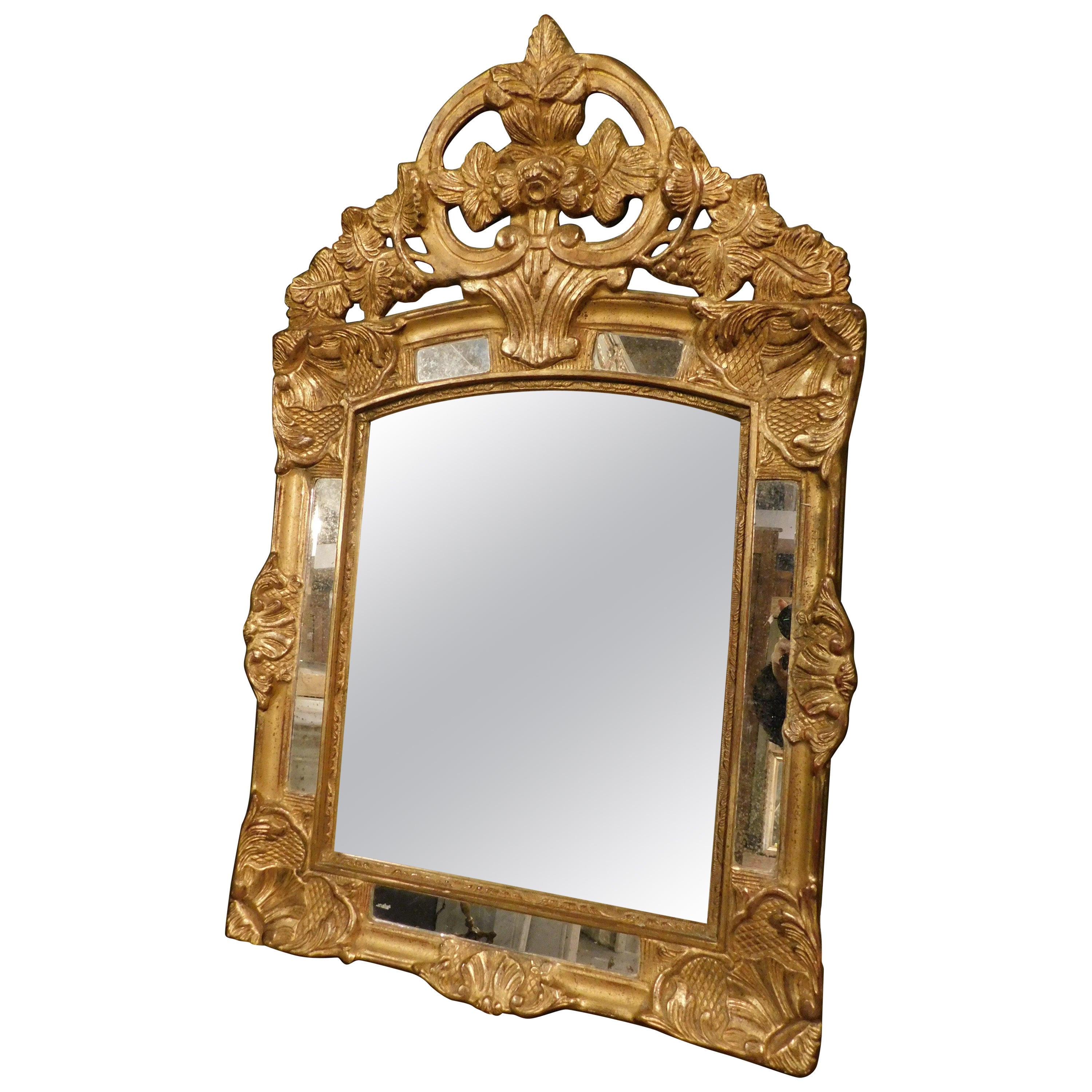 Small French Gilded Mirror with Framed Sculptures, 19th Century For Sale