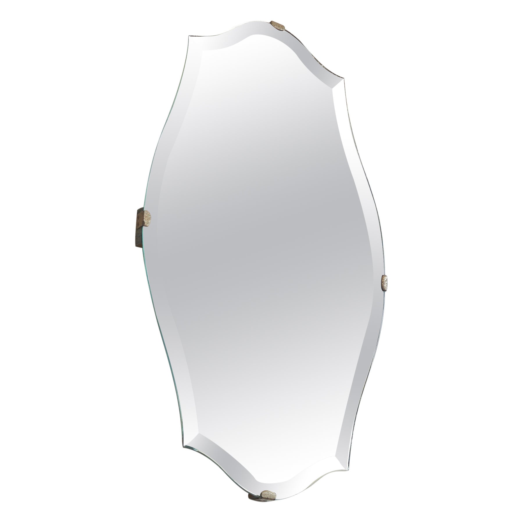 Art Deco Shield Mirror in Facetted and Patinated Mirror Glass, 1940s For Sale