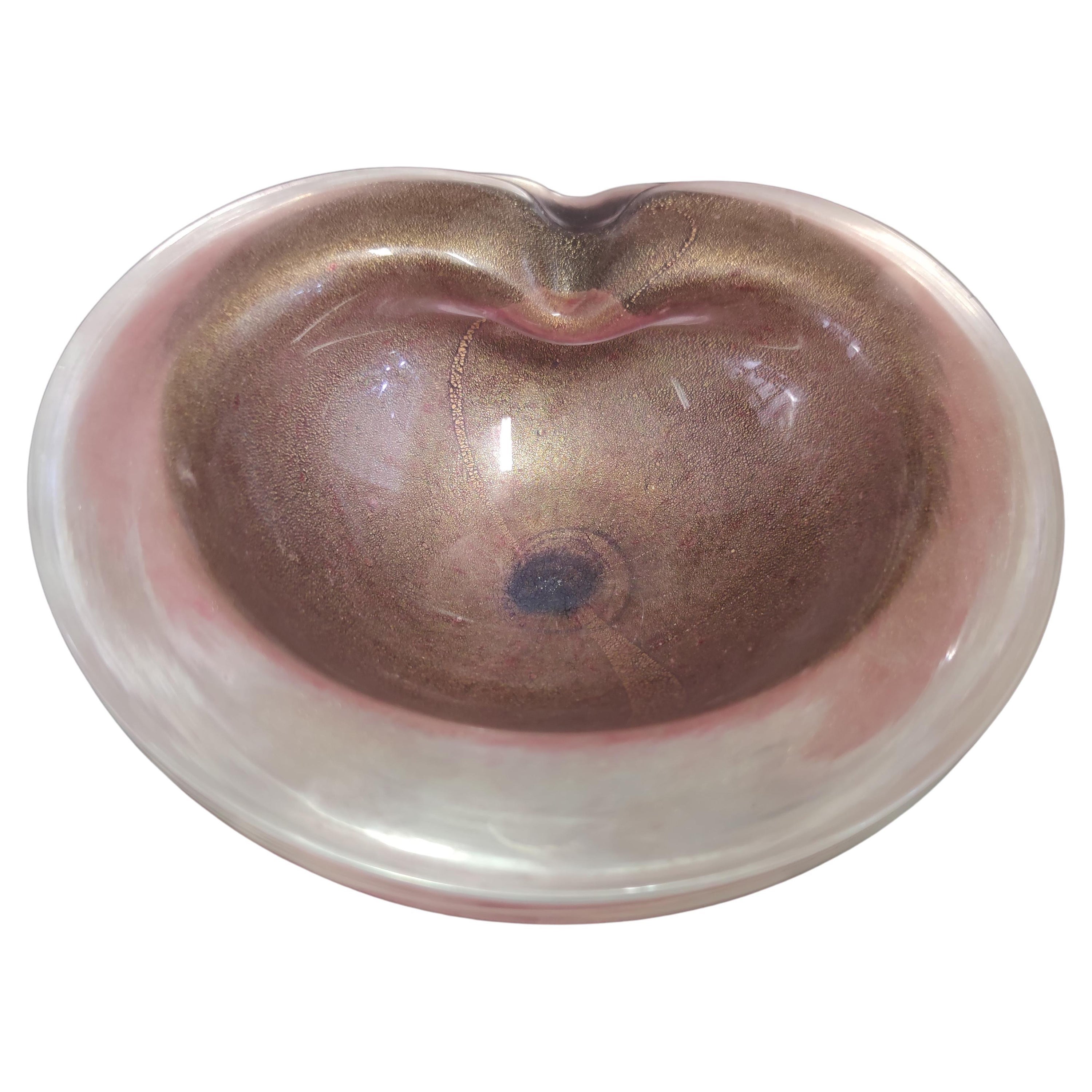 Vintage Peach Pink Thick Murano Glass Ashtray, Catchall with Gold Leaf, Italy  For Sale
