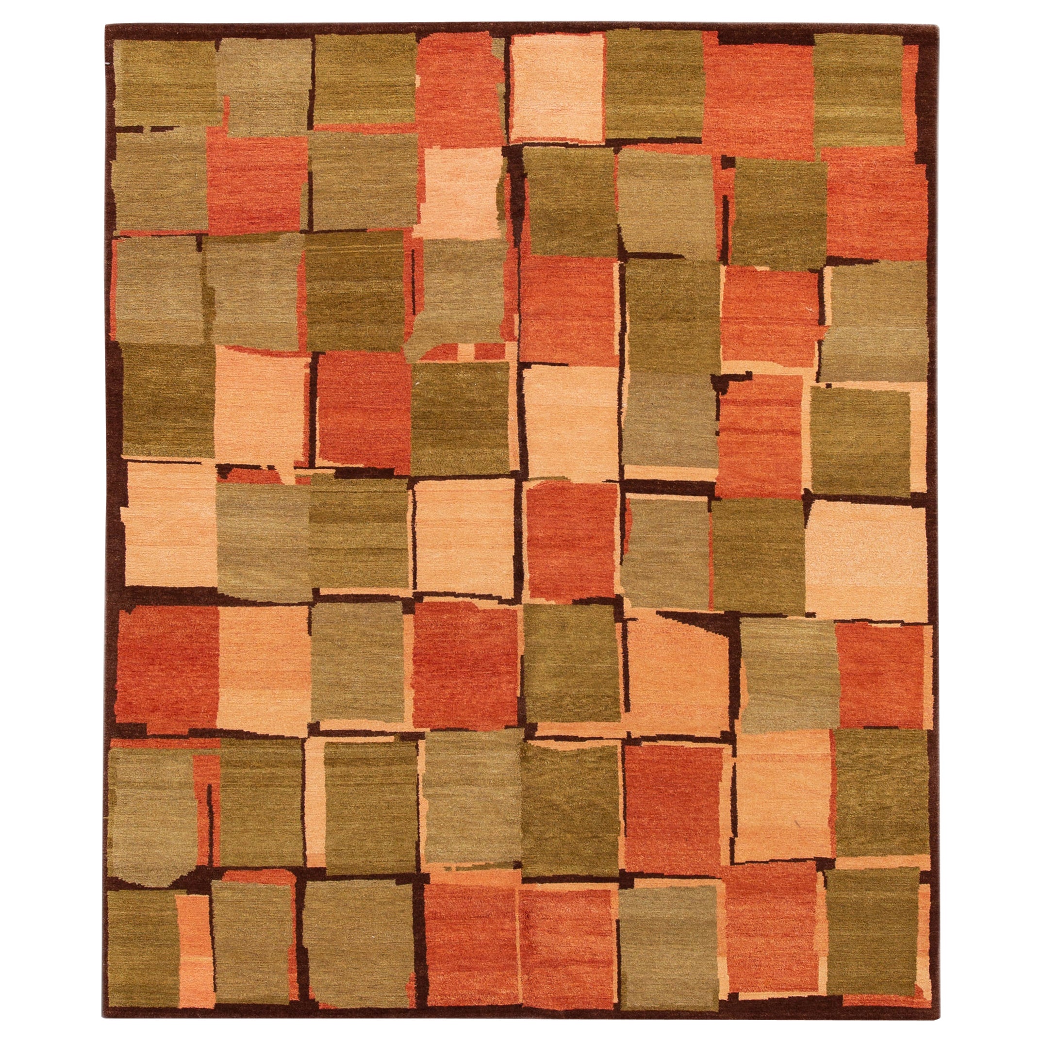 Modern Wool & Silk Tibetan Rug with Geometric Design in Green & Orange