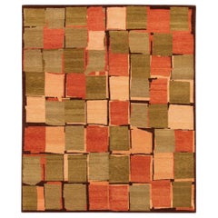 Modern Wool & Silk Tibetan Rug with Geometric Design in Green & Orange