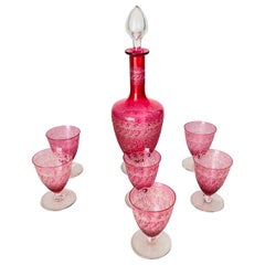 Baccarat Art Deco Crystal Decanter and Six Red Glasses Rohan Model