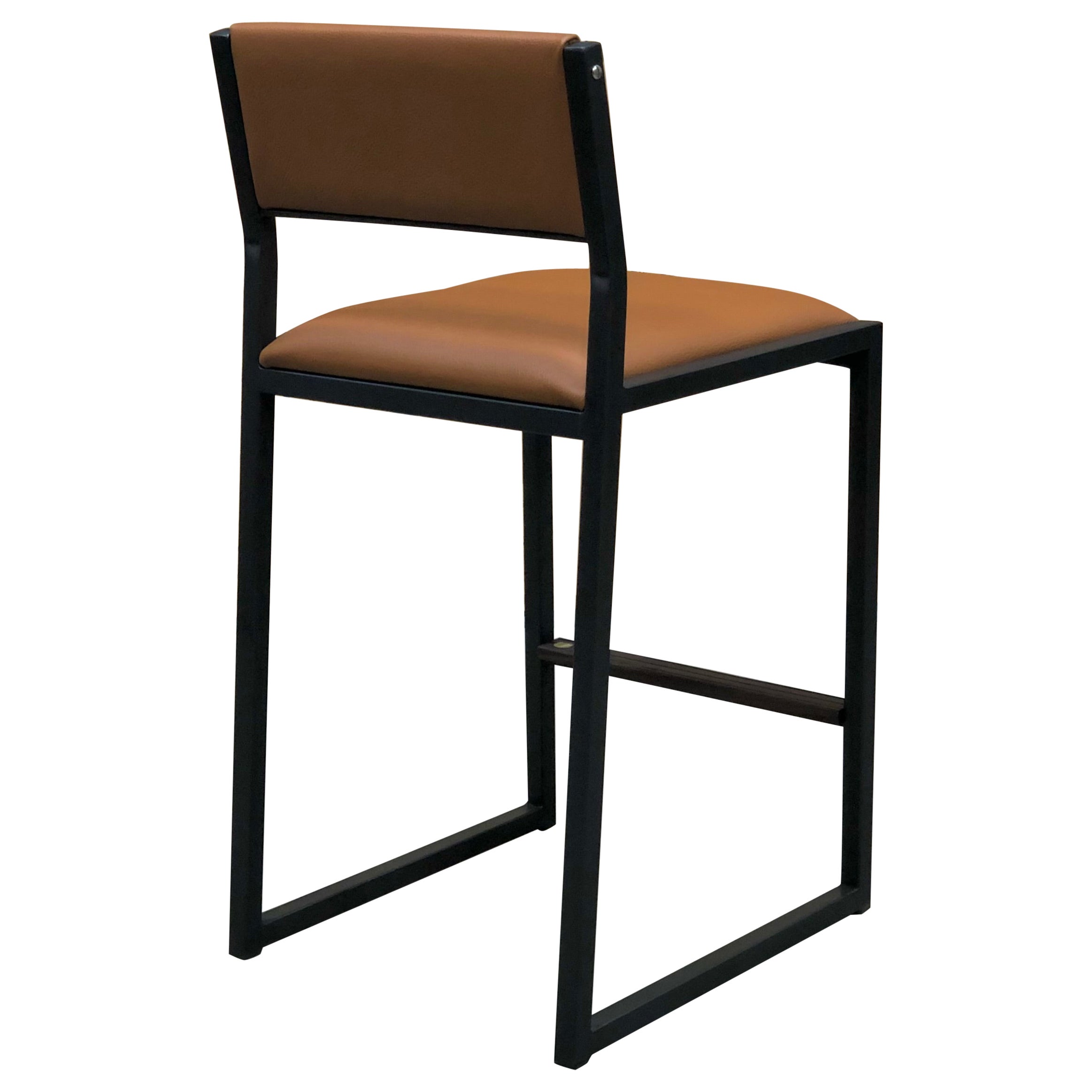 Shaker Counter Stool, by Ambrozia, Cinnamon Leather, Blackened Steel & Walnut For Sale