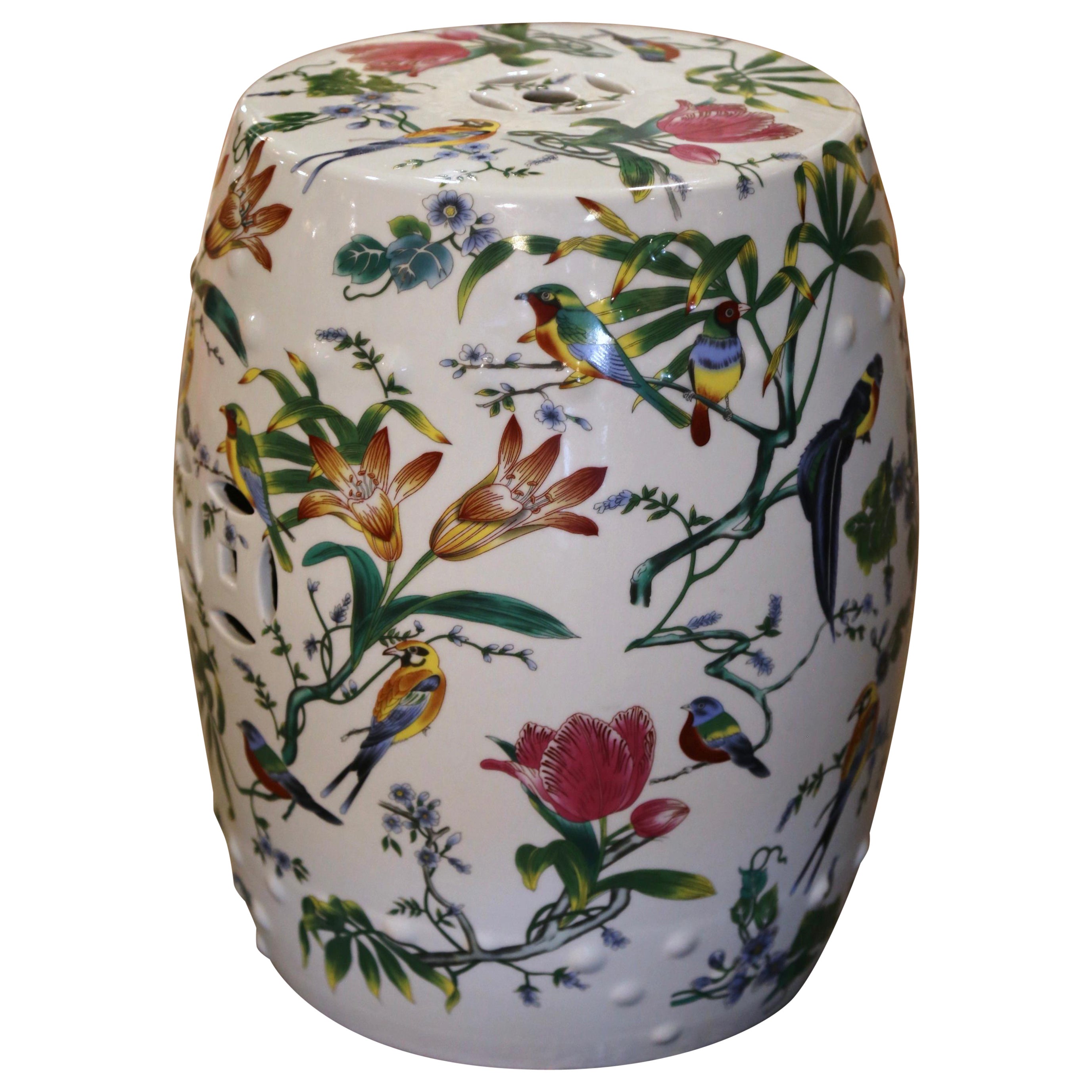 Tabouret de jardin en porcelaine chinoise du milieu du siècle dernier avec motifs d'oiseaux et de fleurs