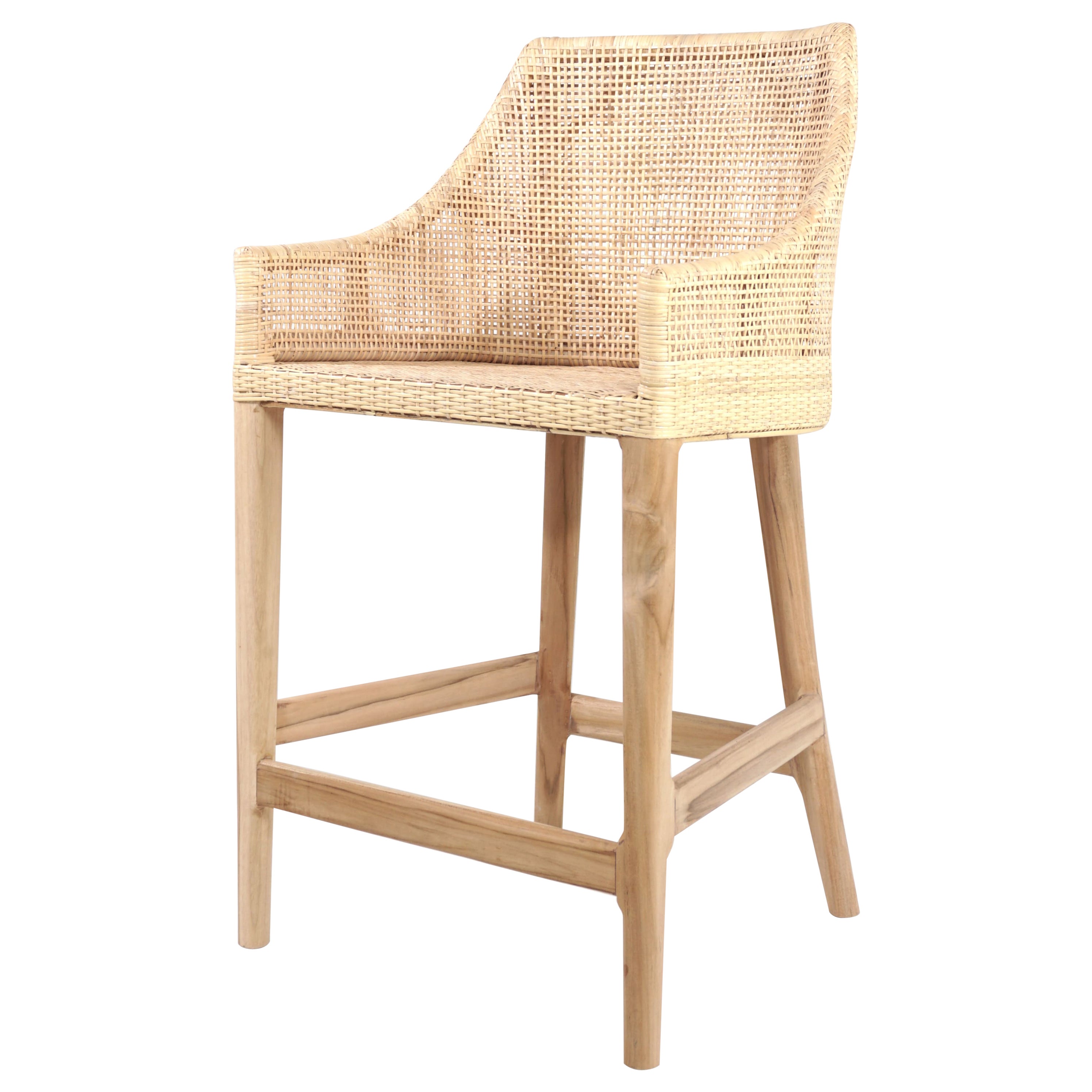 Teak Wooden and Rattan Counter Stool For Sale