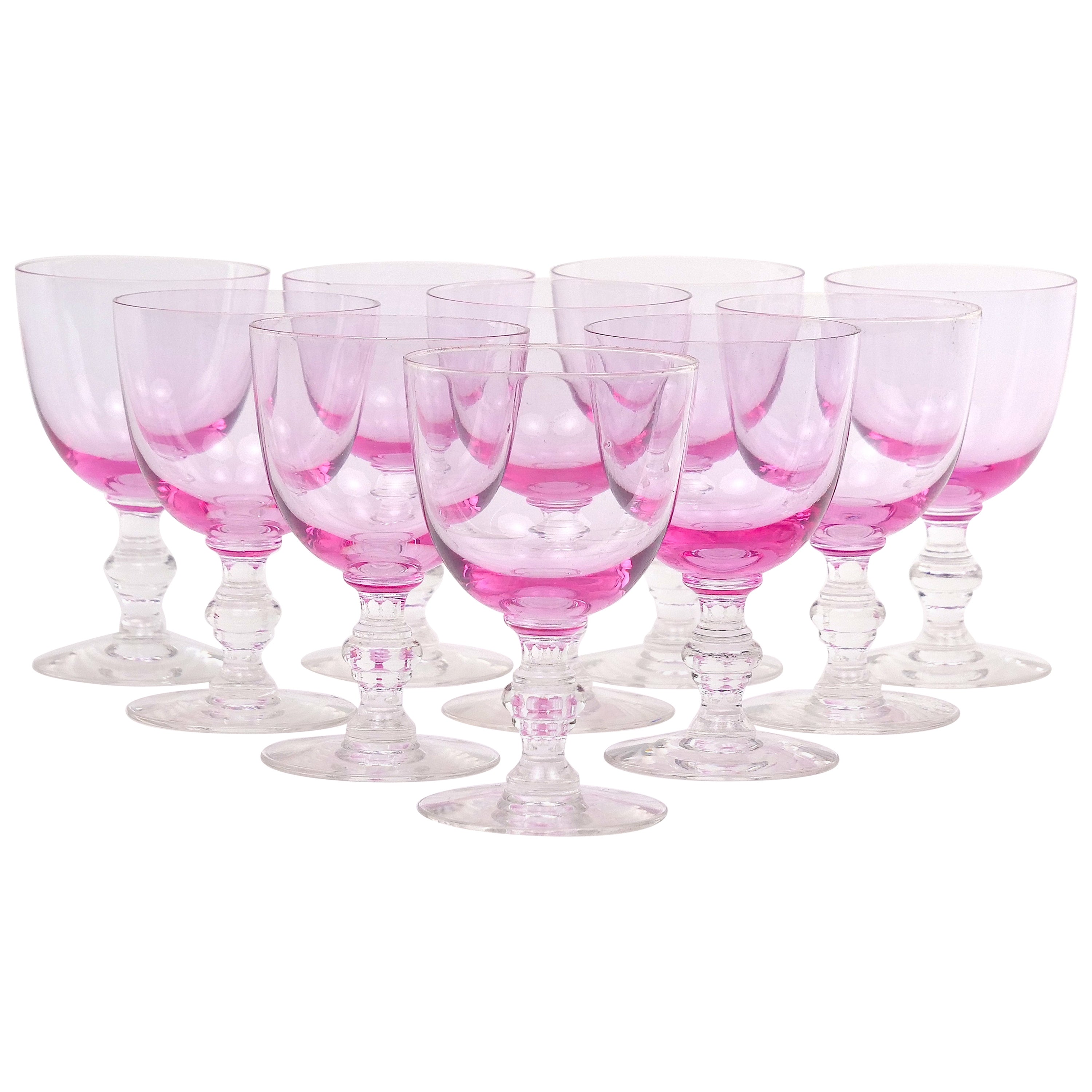 Service de gobelets de bar en cristal rose glacé du milieu du siècle / 10 personnes en vente