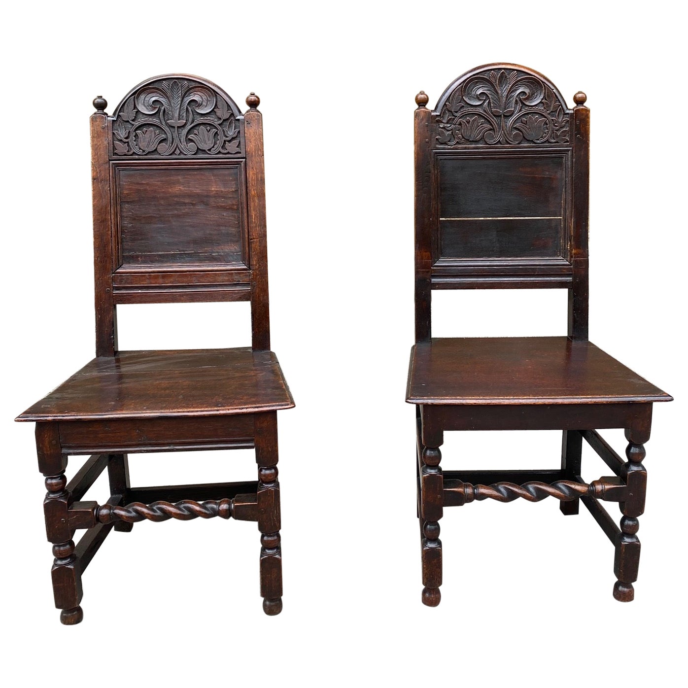 Pair of English 17th Century Period Oak Hall Chairs For Sale