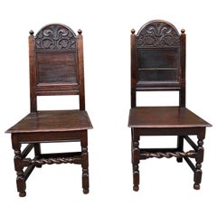 Antique Pair of English 17th Century Period Oak Hall Chairs