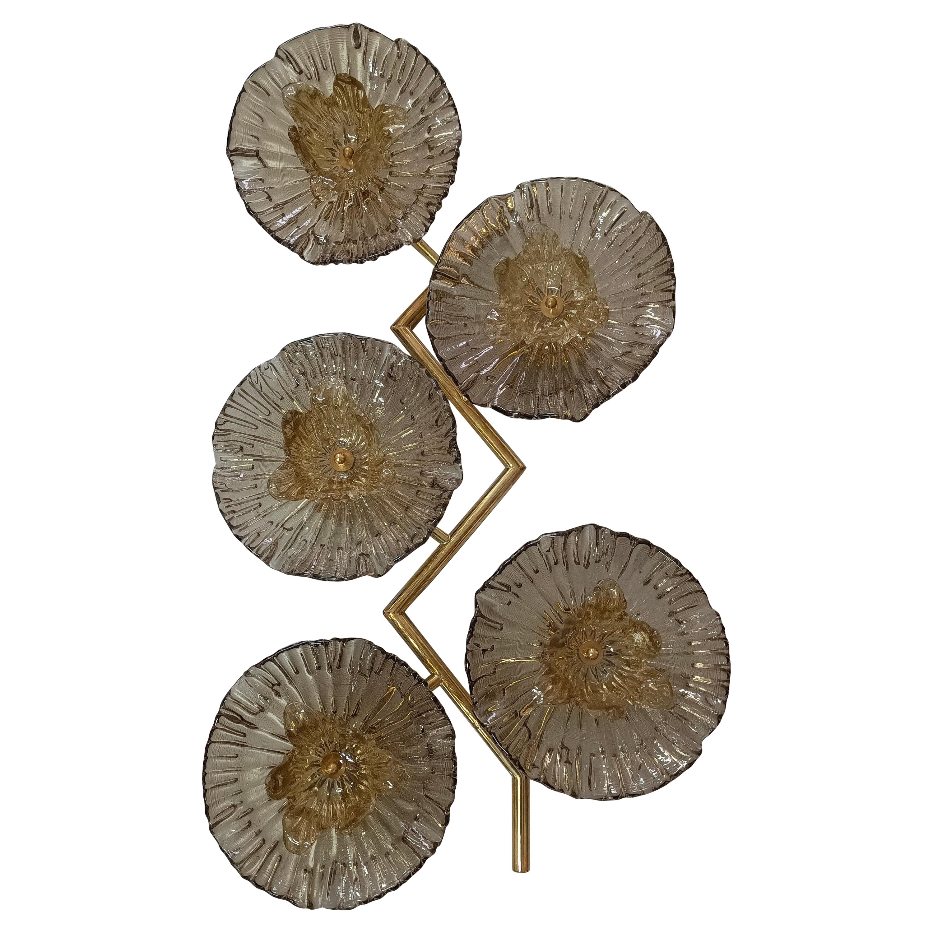 Murano Art Glass and Brass Midcentury Wall Light Sconces, 2000 For Sale